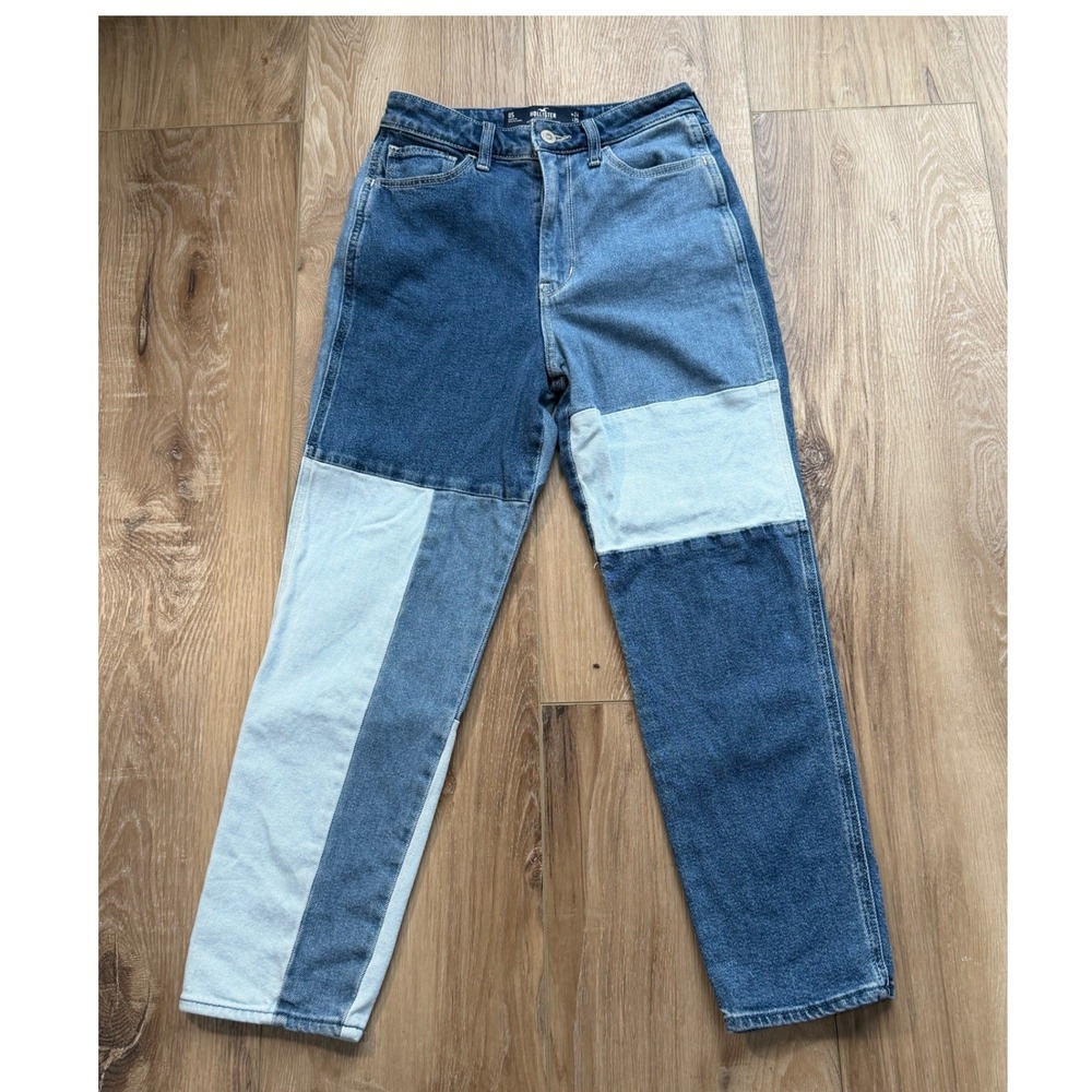 Hollister Ultra High Rise Mom Jeans Patchwork Blue Colorblock W24 L25 OS